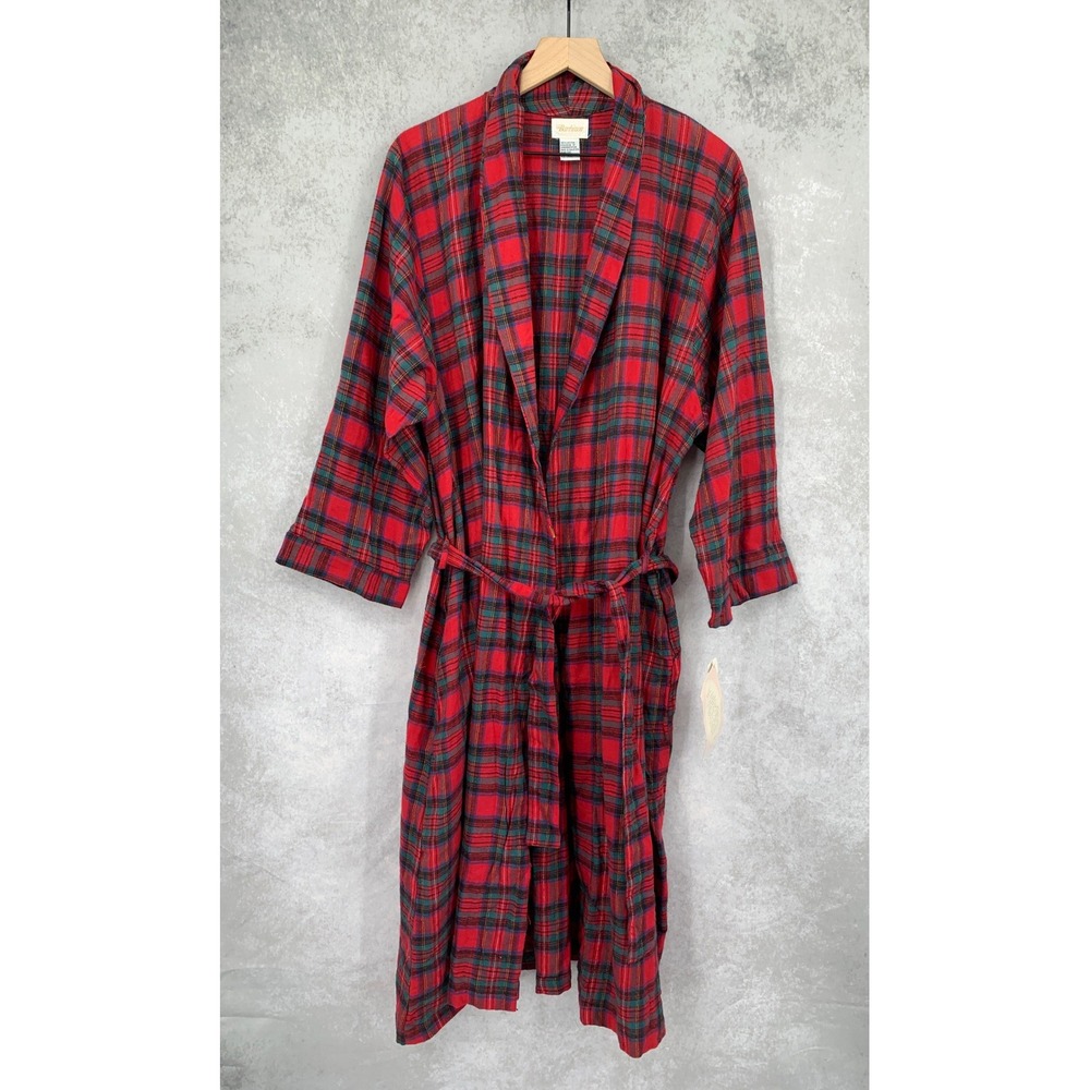 Vintage Barbizon Robe Womens Large Red Plaid Cotton Flannel Belted Light NEW